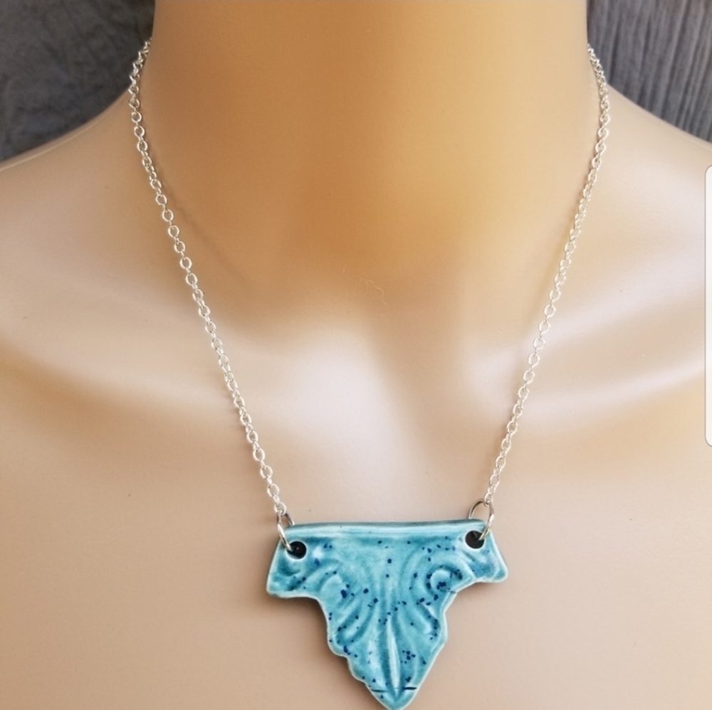 Artisan Made Blue Glazed Ceramic Pendant On Silvertone Chain Necklace